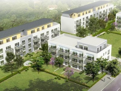 3d溜溜网建筑可视化案例展示，现代住宅外观效果图，蓝天白云自然光渲染，专业建筑可视化团队作品